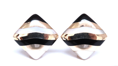 Stripe Zebra Pattern Clip Earrings 14kt Onyx 12524 *v