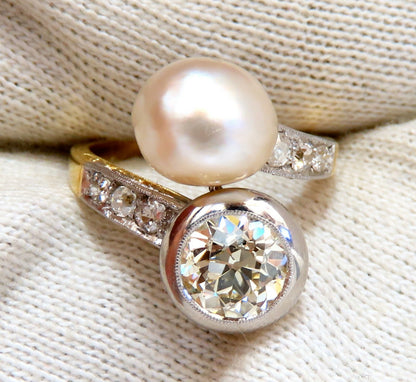 RARE GIA Certified Natural Saltwater Pearl Light Yellow Diamonds Ring 18kt *v