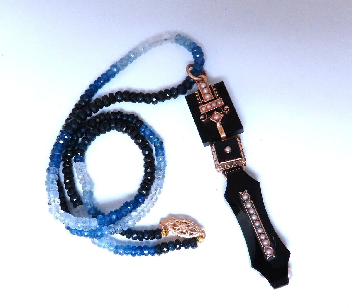 63ct natural Sapphire bead necklace 14 karat clasp Antique Onyx Drop Pendant *v