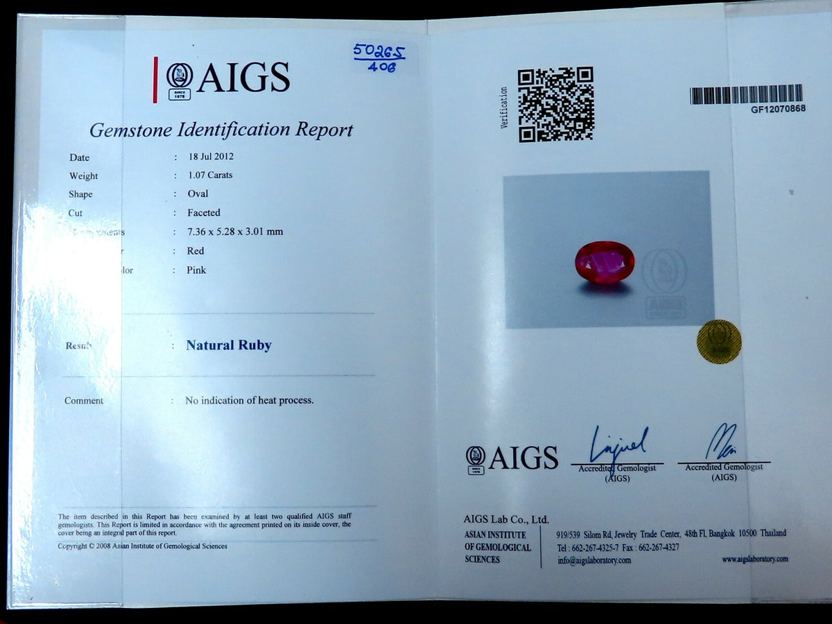 AIGS Certified 1.07ct Natural Pink No Heat Ruby Diamonds Ring 14 Karat *v