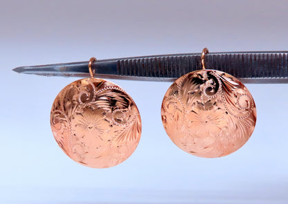 Detailed Engraved Vintage Restored Button Lever Wire Earrings 14kt Gold *v