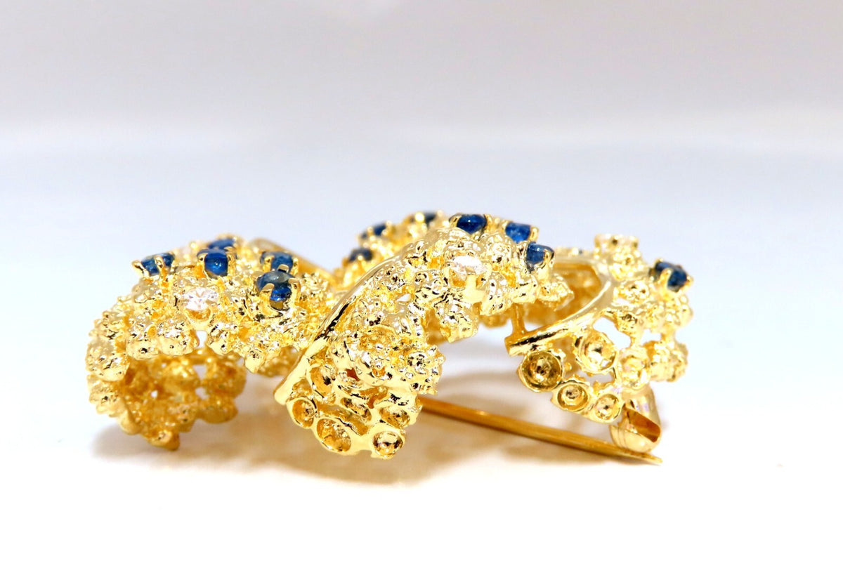 Swirling 18kt Gold Natural Sapphire Diamonds Pin *v