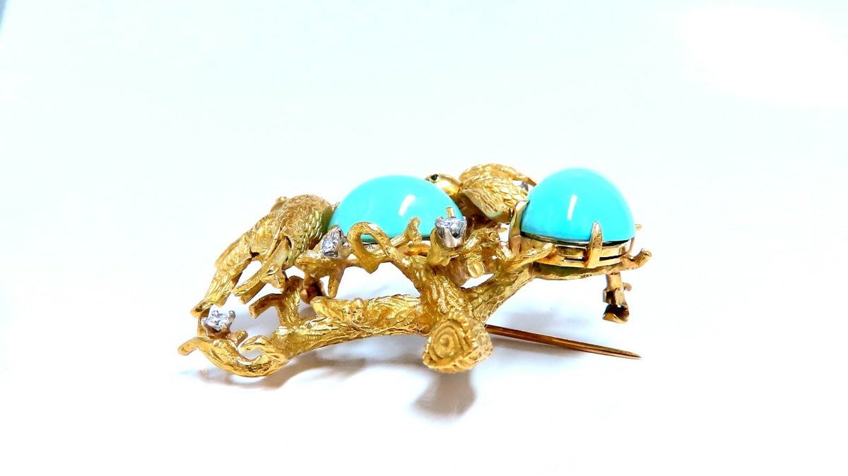 Vintage Bird Nest Eggs 20ct Turquoise 18kt Brooch High Intricate *v