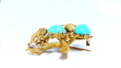 Vintage Bird Nest Eggs 20ct Turquoise 18kt Brooch High Intricate *v