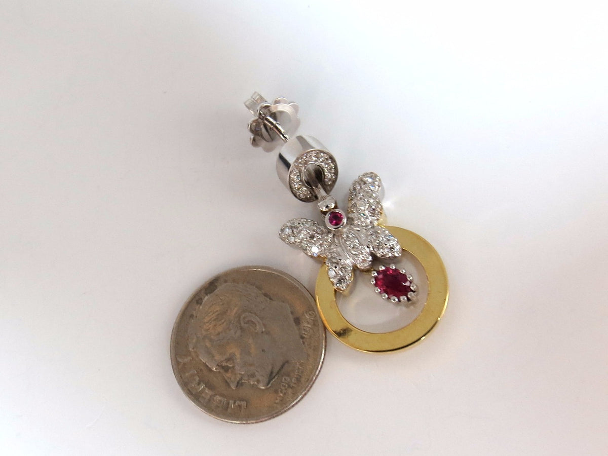 1.70CT NATURAL OVAL BRIGHT RED RUBY DIAMOND DANGLE BUTTERFLY EARRINGS 14KT *v