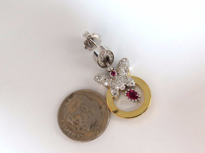 1.70CT NATURAL OVAL BRIGHT RED RUBY DIAMOND DANGLE BUTTERFLY EARRINGS 14KT *v