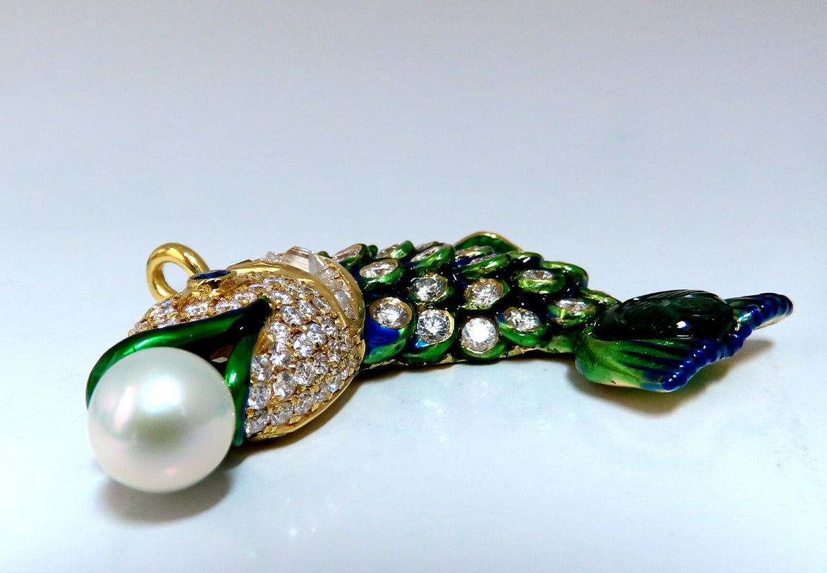 Natural Akoya Pearl Sapphire Emerald & Diamonds Enamel Fish Pendant 18kt *v