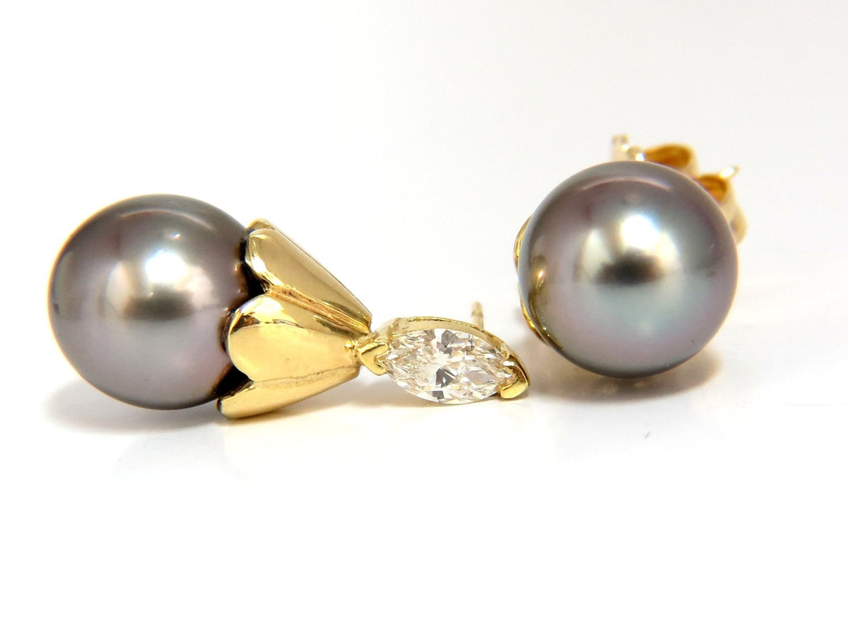 10mm natural Tahitian pearl & .80ct diamonds drop cap earrings 14kt *v