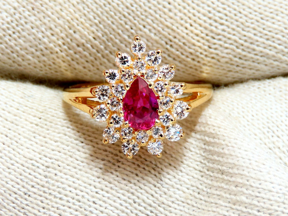 1.02ct Natural Ruby Diamonds Ring Pear Cluster 14kt gold *v