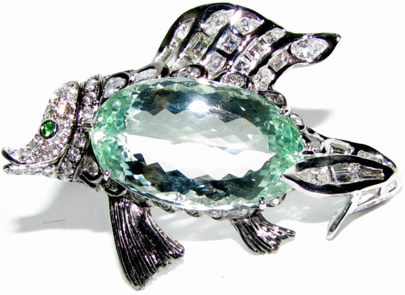 GIA 57.37CT NATURAL GREEN BERYL FISH BROOCH PENDANT 18kt *v