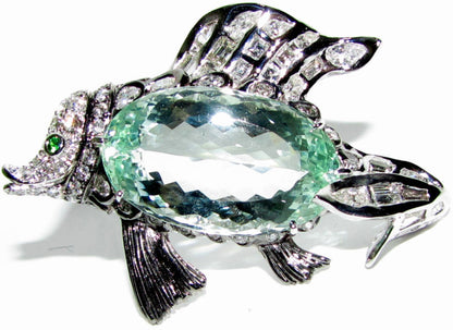 GIA 57.37CT NATURAL GREEN BERYL FISH BROOCH PENDANT 18kt *v