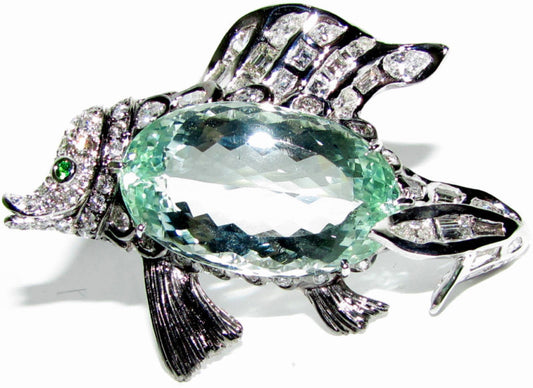 GIA 57.37CT NATURAL GREEN BERYL FISH BROOCH PENDANT 18kt *v