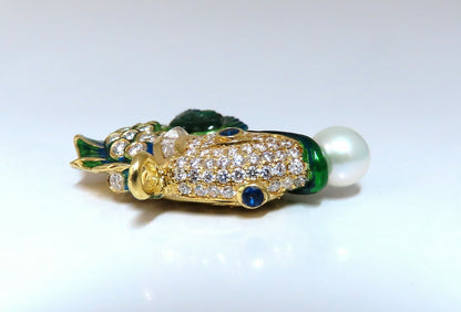 Natural Akoya Pearl Sapphire Emerald & Diamonds Enamel Fish Pendant 18kt *v