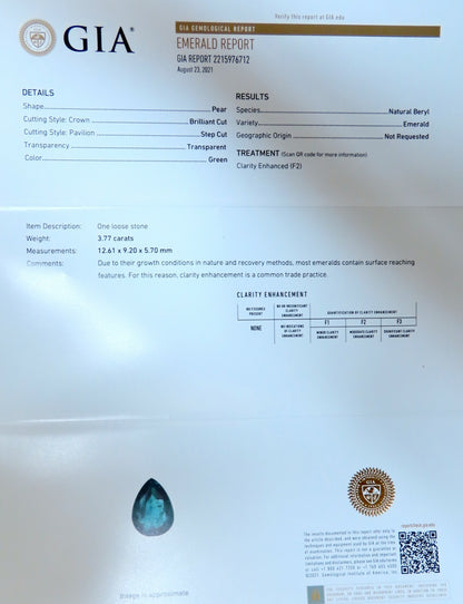 GIA Certified 3.77ct Natural Emerald Diamond Necklace 14kt *v