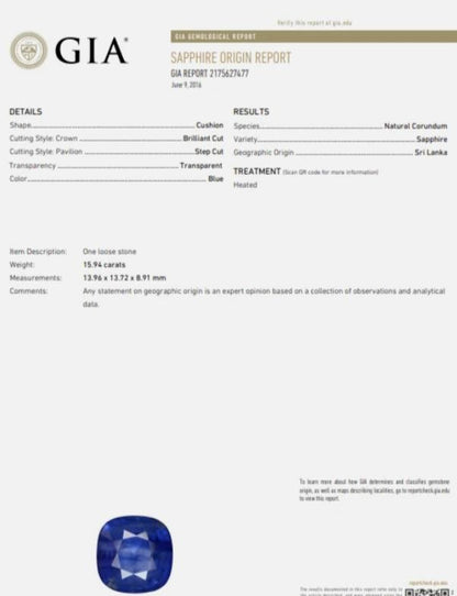 Natural Sapphire Diamonds Ring 15.94ct 18kt. GIA Certified 12233 *v