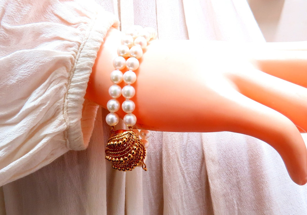 6.75mm Akoya pearls pearls double stranded bracelet 14kt Shell Twist Clasp *v
