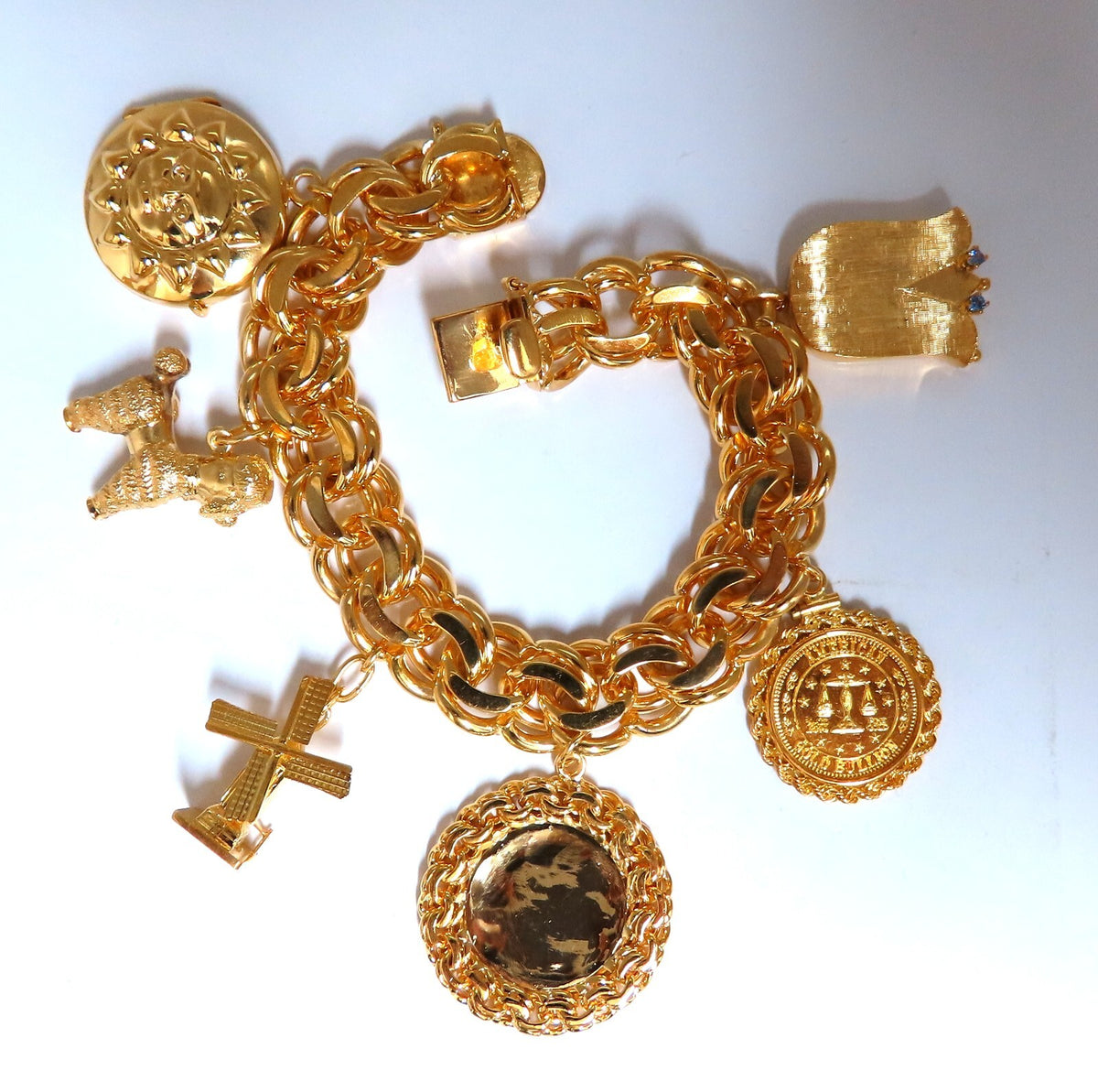 14kt Gold 6 Charm Functional Bracelet Sun Dog Windmill Frame Lilly 104gr *v