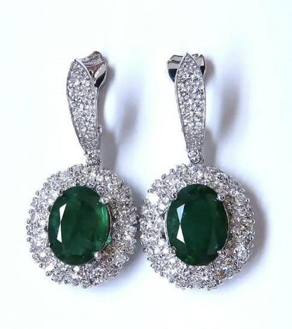 8.35ct Natural Oval Emeralds Diamond Dangle Earrings 18kt Halo Cluster 12643 *v