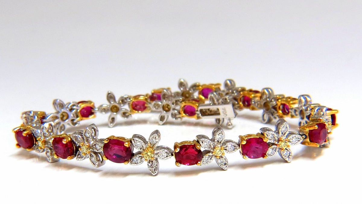 7.28ct Red natural ruby diamonds flower cluster tennis bracelet 18kt gold *v