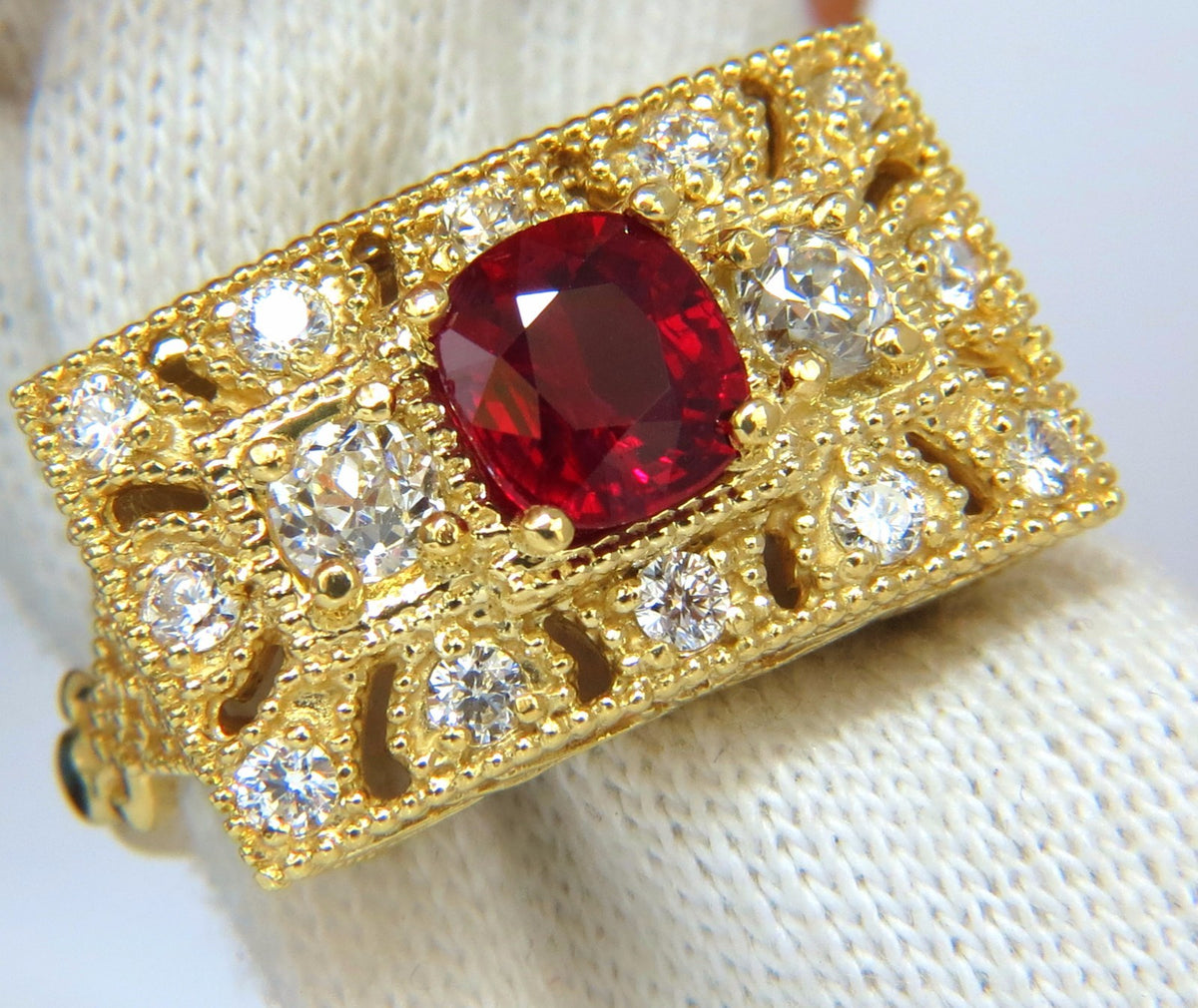 GIA 2.31CT NATURAL CUSHION VIVID RED RUBY DIAMONDS BYZANTINE RING 18KT GOLD*v
