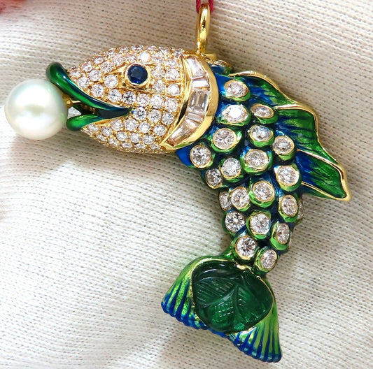 Natural Akoya Pearl Sapphire Emerald & Diamonds Enamel Fish Pendant 18kt *v