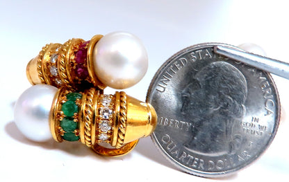3ct Natural Ruby Emerald Sapphire Pearl clip Earrings 18kt *v