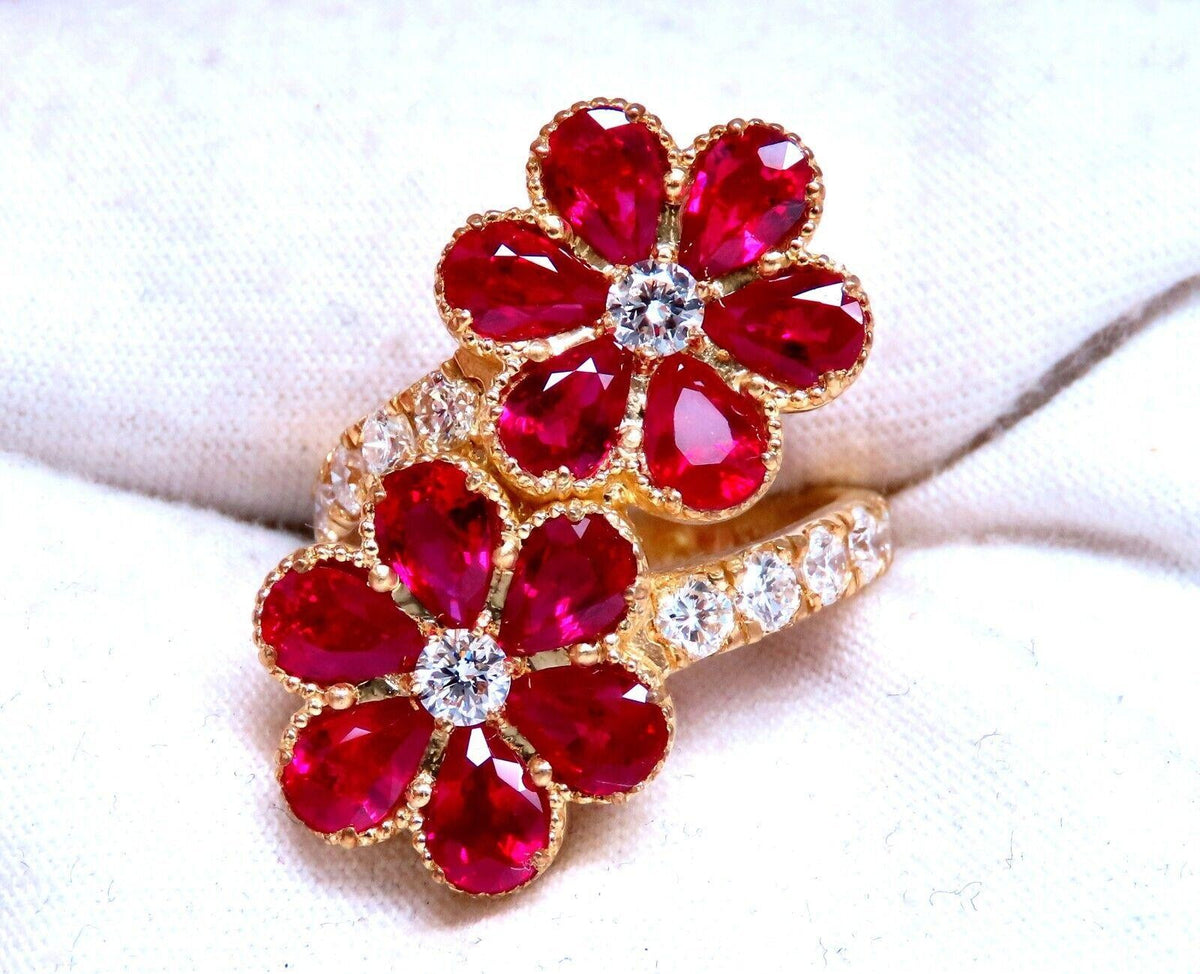 5.20ct Natural Ruby Diamonds Flower Cluster Ring 18kt yellow gold *v
