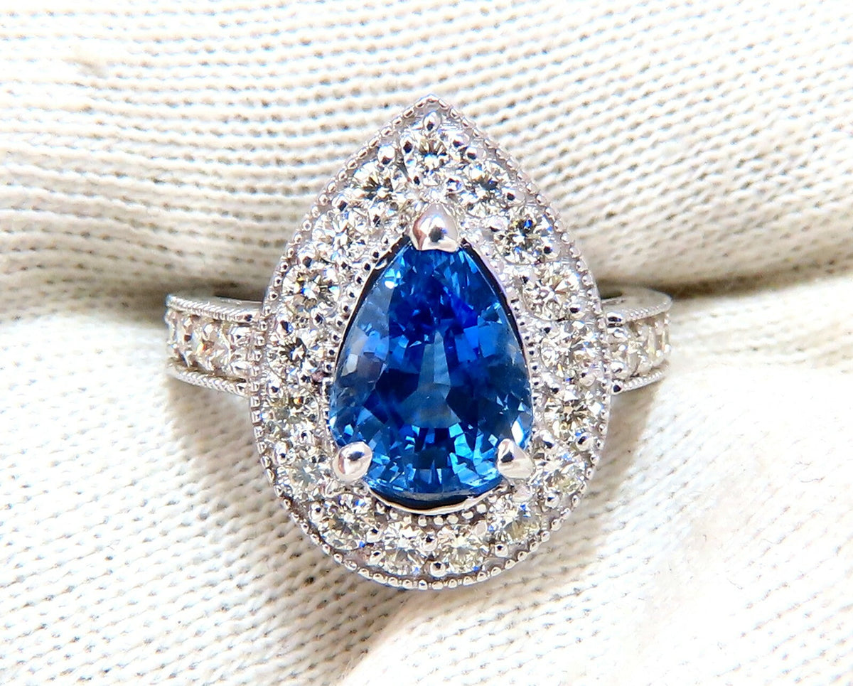 GIA Certified 3.73ct Natural Pear Sapphire Halo Cluster Ring 14 Karat *v