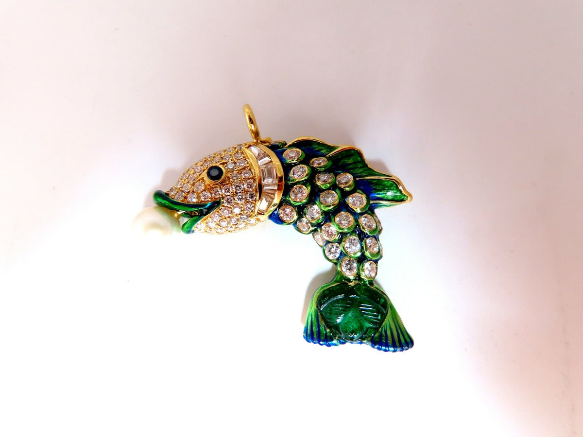 Natural Akoya Pearl Sapphire Emerald & Diamonds Enamel Fish Pendant 18kt *v