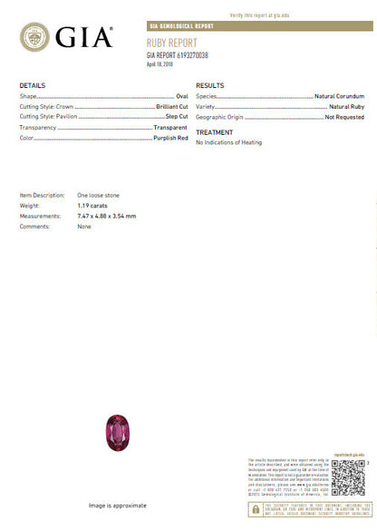 GIA Certified 1.19ct oval cut red No Heat Ruby diamonds ring 14kt *v