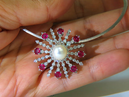 5.75CT NATURAL GEM RUBY DIAMOND 3D STAR BURST PEARL PENDANT *v