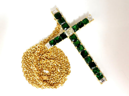 9.54ct natural diamonds & vivid green tsavorite cross 18kt & chain *v