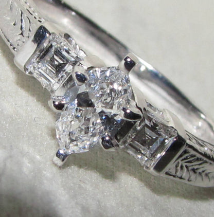 NATURAL .56CT MARQUISE & ASCHER CUT DIAMOND RING 14kt *v