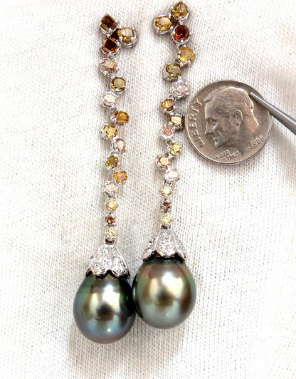 12.70mm NATURAL TAHITIAN PEARLS DANGLE COLOR DIAMOND EARRINGS 14KT *v