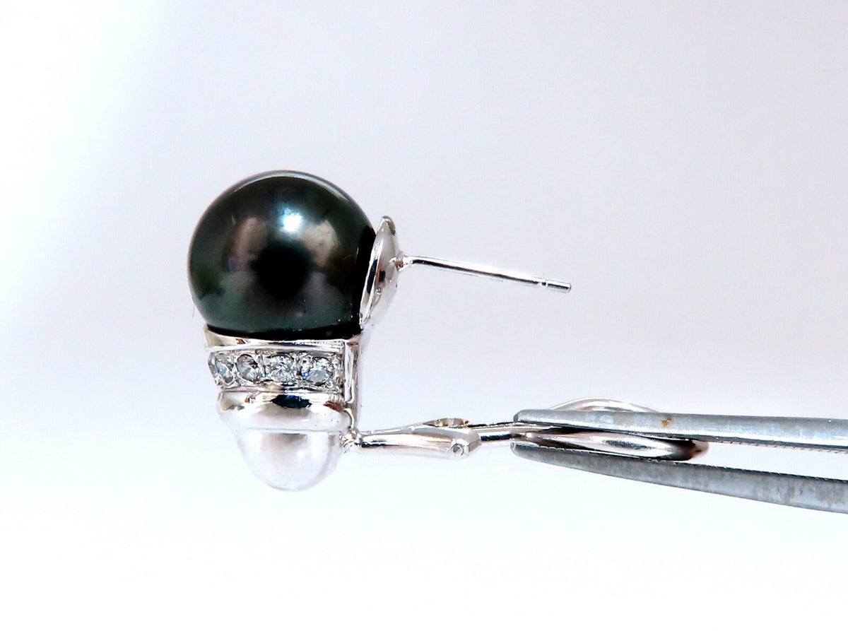 11mm natural tahitian pearl & .50ct diamonds raised cap earrings 14kt *v