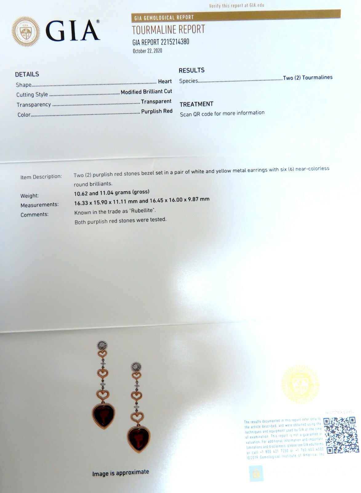 GIA Certified Natural Red Heart Tourmaline Diamonds Dangle Earrings 14k *v