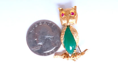 Owl Jade Ruby Figurine 3D Brooch Pin 18kt gold 12554 *v
