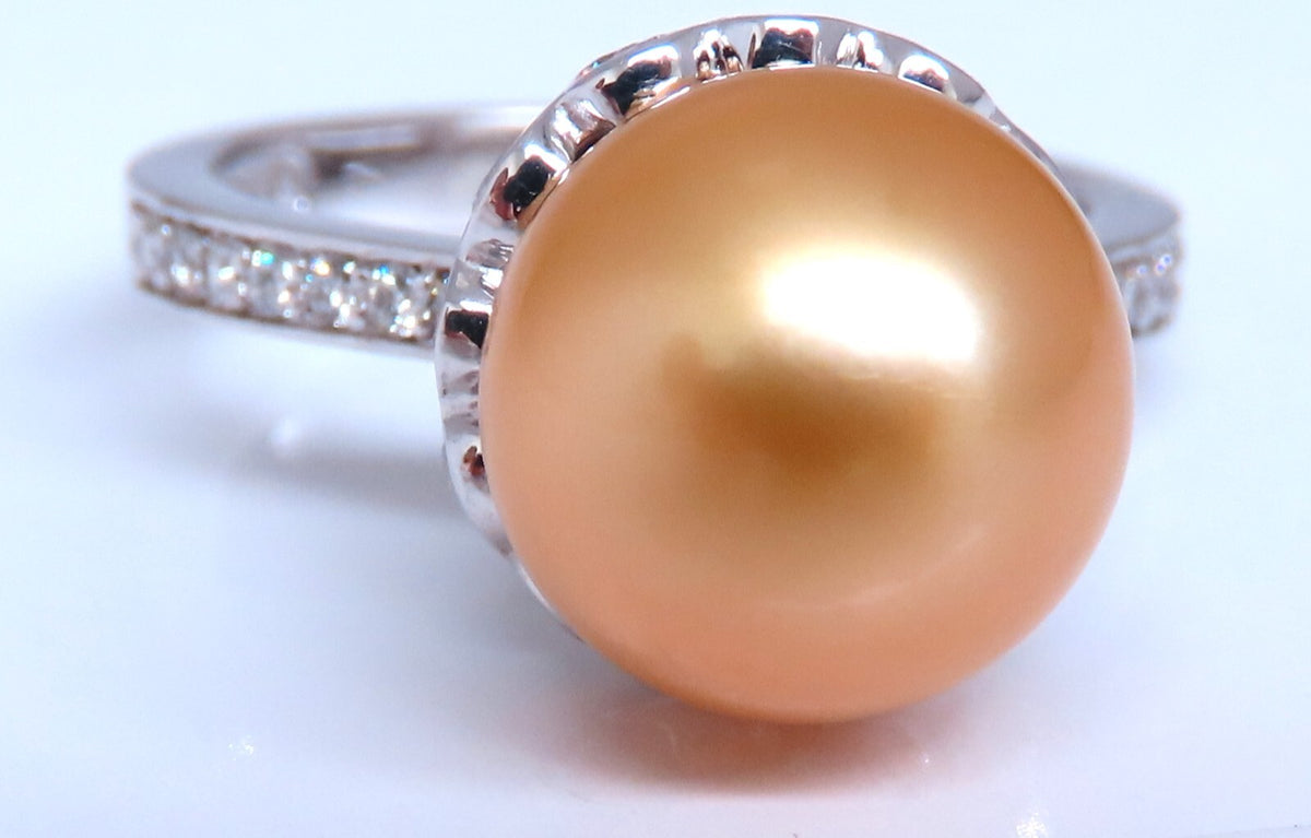 10.3mm Natural Golden South Seas Pearl Diamonds Rings 14kt *v