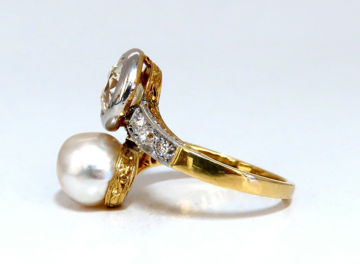 RARE GIA Certified Natural Saltwater Pearl Light Yellow Diamonds Ring 18kt *v