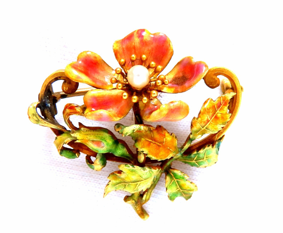 Vintage Enamel Flower Pin Seed Pearl 18kt *v