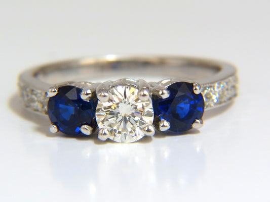 1.85ct NATURAL BLUE SAPPHIRE DIAMONDS RING 14KT CLASSIC THREE BEAD SET *v
