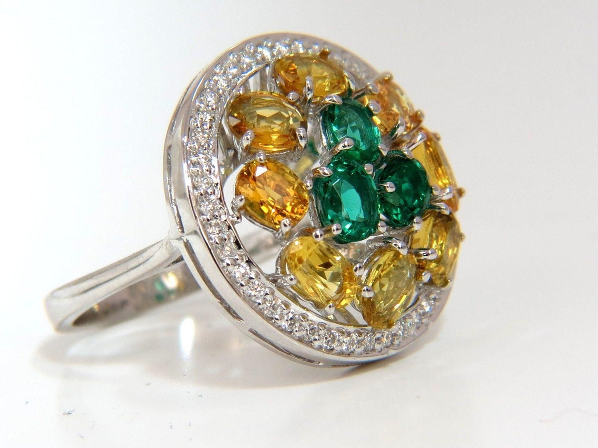 5.12CT NATURAL FANCY YELLOW SAPPHIRES VIVID GREEN EMERALDS CLUSTER RING 10003 *v
