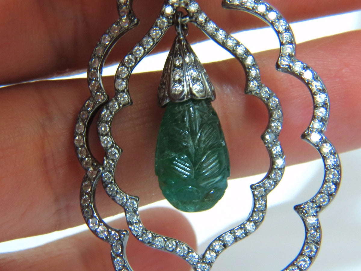 29.50ct NATURAL CARVED EMERALDS DIAMONDS DANGLING EARRINGS 14kt *v