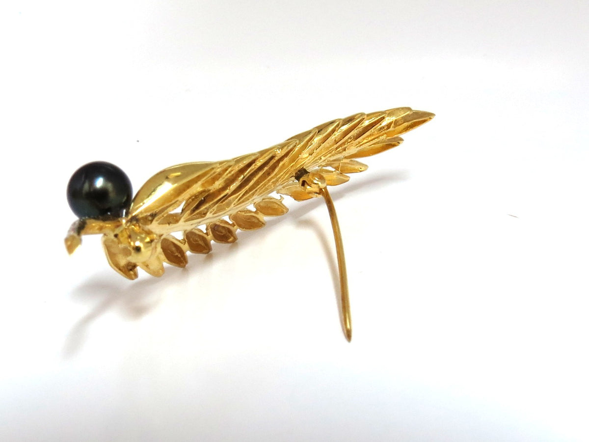 6mm natural Tahitian peacock pearl diamonds brooch leaf foliage vintage 14kt *v