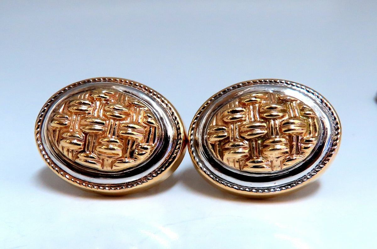 14kt Gold Cross Thread Deco Oval Frame Earrings Omega Clip *v