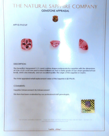 Certified Padparadscha No Heat 1.11ct Natural Sapphire Pink No Heat Platinum *v