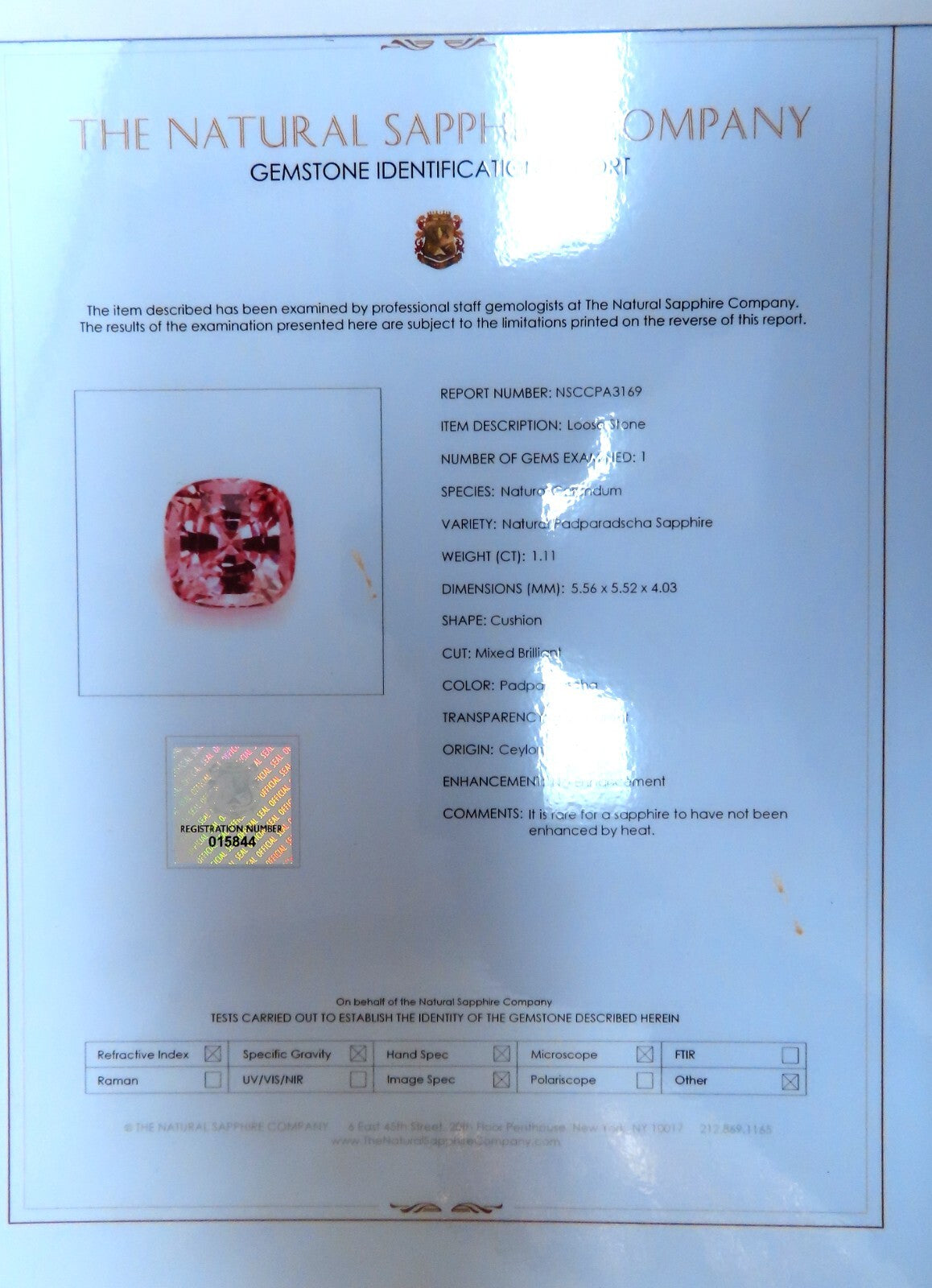 Certified Padparadscha No Heat 1.11ct Natural Sapphire Pink No Heat Platinum *v