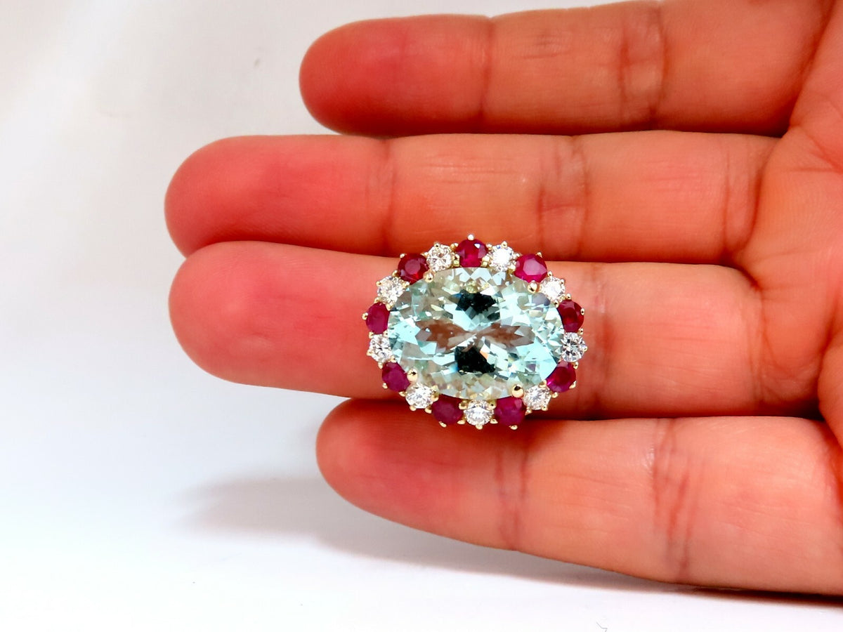 15.34ct Natural Aquamarine Ruby Diamonds Patriot Cluster Cocktail Ring 14kt *v