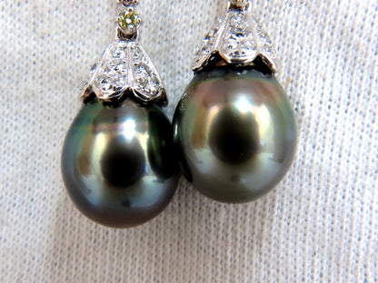 12.70mm NATURAL TAHITIAN PEARLS DANGLE COLOR DIAMOND EARRINGS 14KT *v