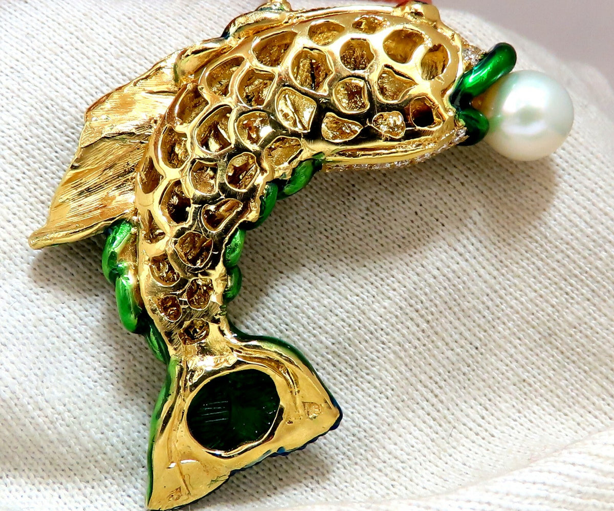 Natural Akoya Pearl Sapphire Emerald & Diamonds Enamel Fish Pendant 18kt *v